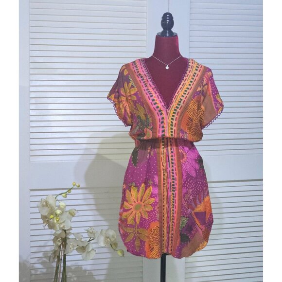Farm Rio For Anthropologie Women Multicolor V-Neck Cover-Up Mini Dress Sz S 2794 - Picture 1 of 15